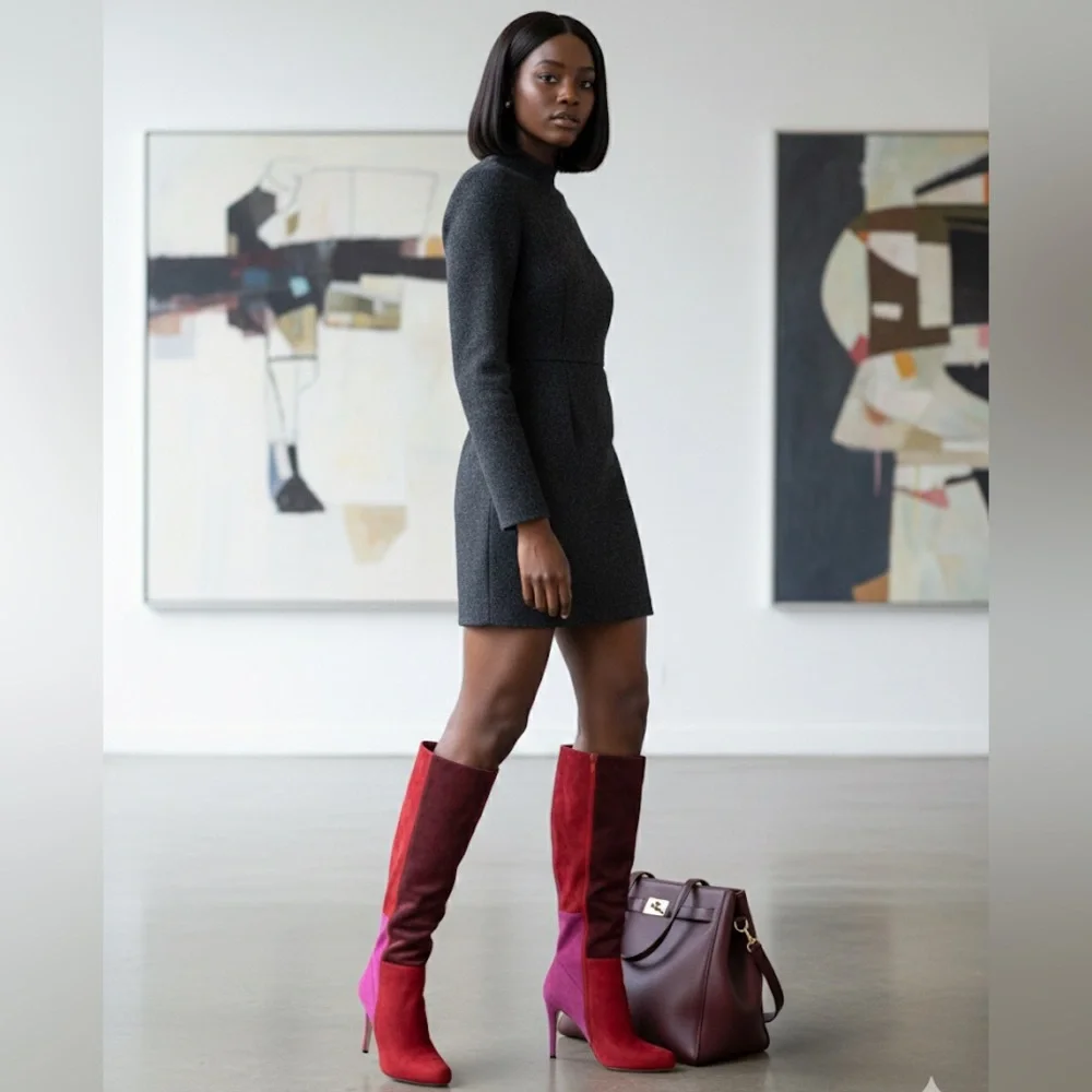 Pierre Dumas Amanda 6 Knee-High Boots in Red Burgundy Pink Colorblock, Size 10